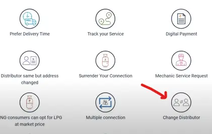 indian gas connection ko transfer krne ke liye change distibutor par click kare